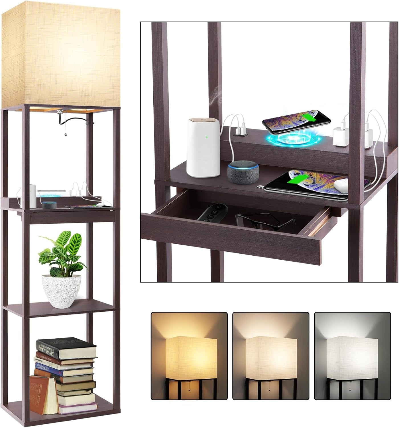 Floor Lamp with Shelves, Modern Standing Lamp with Wireless Charger, 1 Drawer and 2 USB Ports & 2 Power Outlet, 15W LED Bulb 3 Colors, Memory Function, Shelf Lamp for Living Room and Bedroom