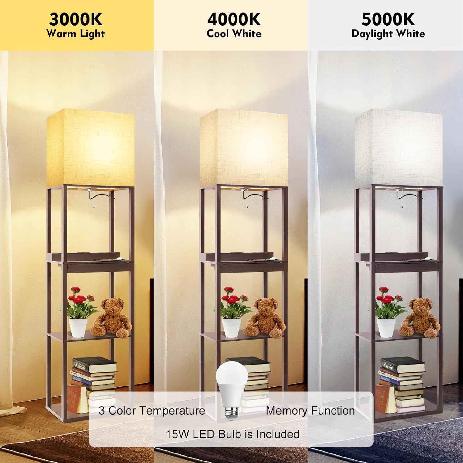 Floor Lamp with Shelves, Modern Standing Lamp with Wireless Charger, 1 Drawer and 2 USB Ports & 2 Power Outlet, 15W LED Bulb 3 Colors, Memory Function, Shelf Lamp for Living Room and Bedroom