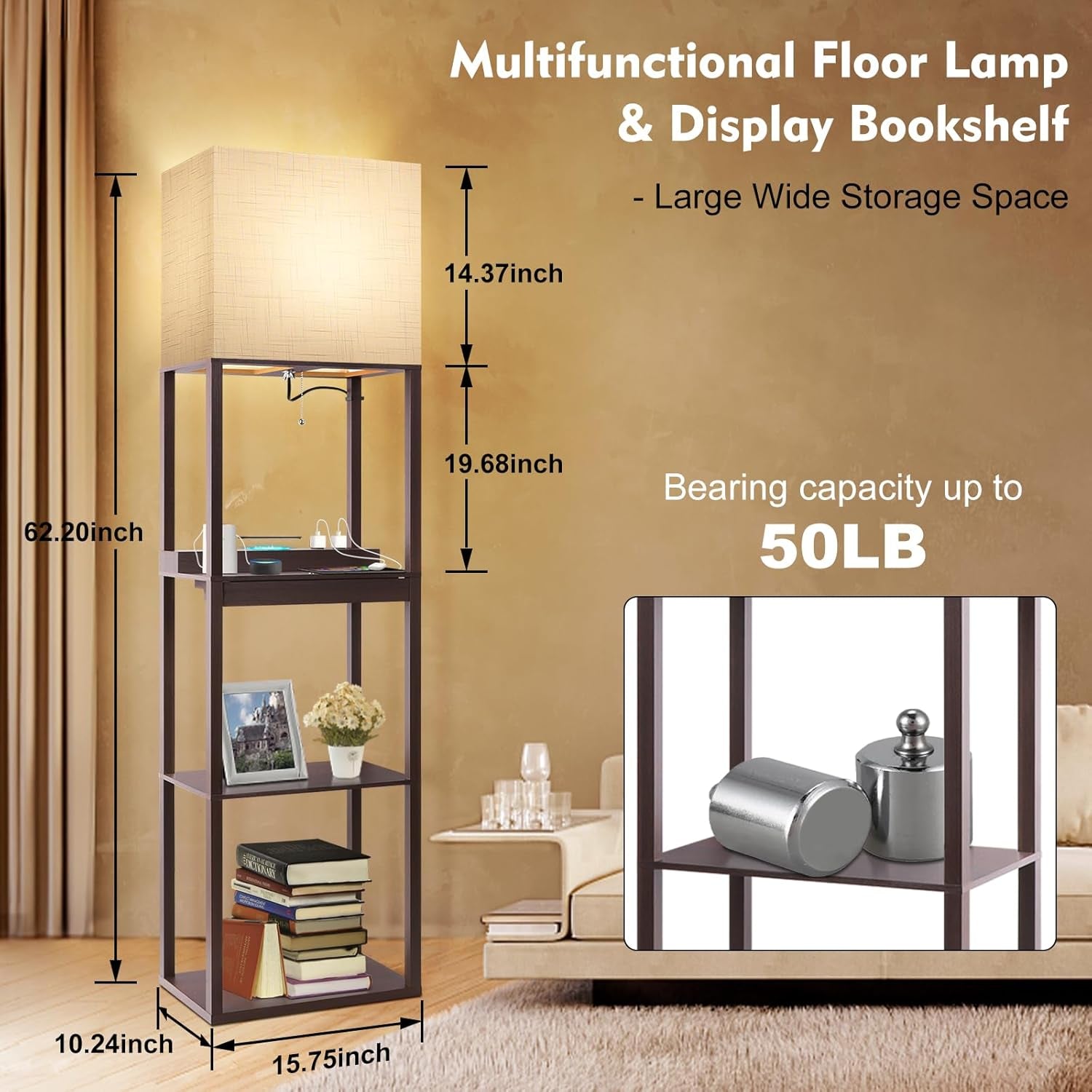 Floor Lamp with Shelves, Modern Standing Lamp with Wireless Charger, 1 Drawer and 2 USB Ports & 2 Power Outlet, 15W LED Bulb 3 Colors, Memory Function, Shelf Lamp for Living Room and Bedroom