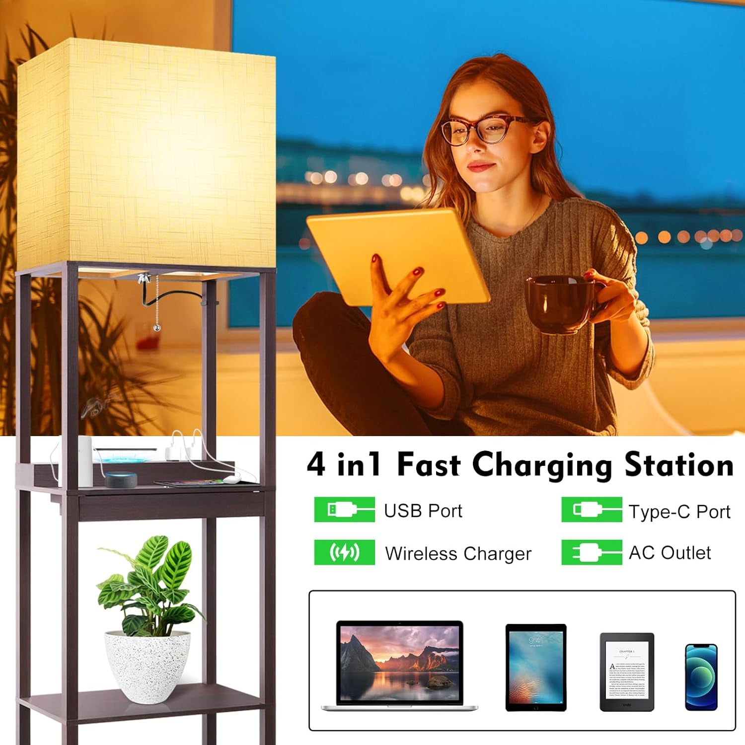 Floor Lamp with Shelves, Modern Standing Lamp with Wireless Charger, 1 Drawer and 2 USB Ports & 2 Power Outlet, 15W LED Bulb 3 Colors, Memory Function, Shelf Lamp for Living Room and Bedroom