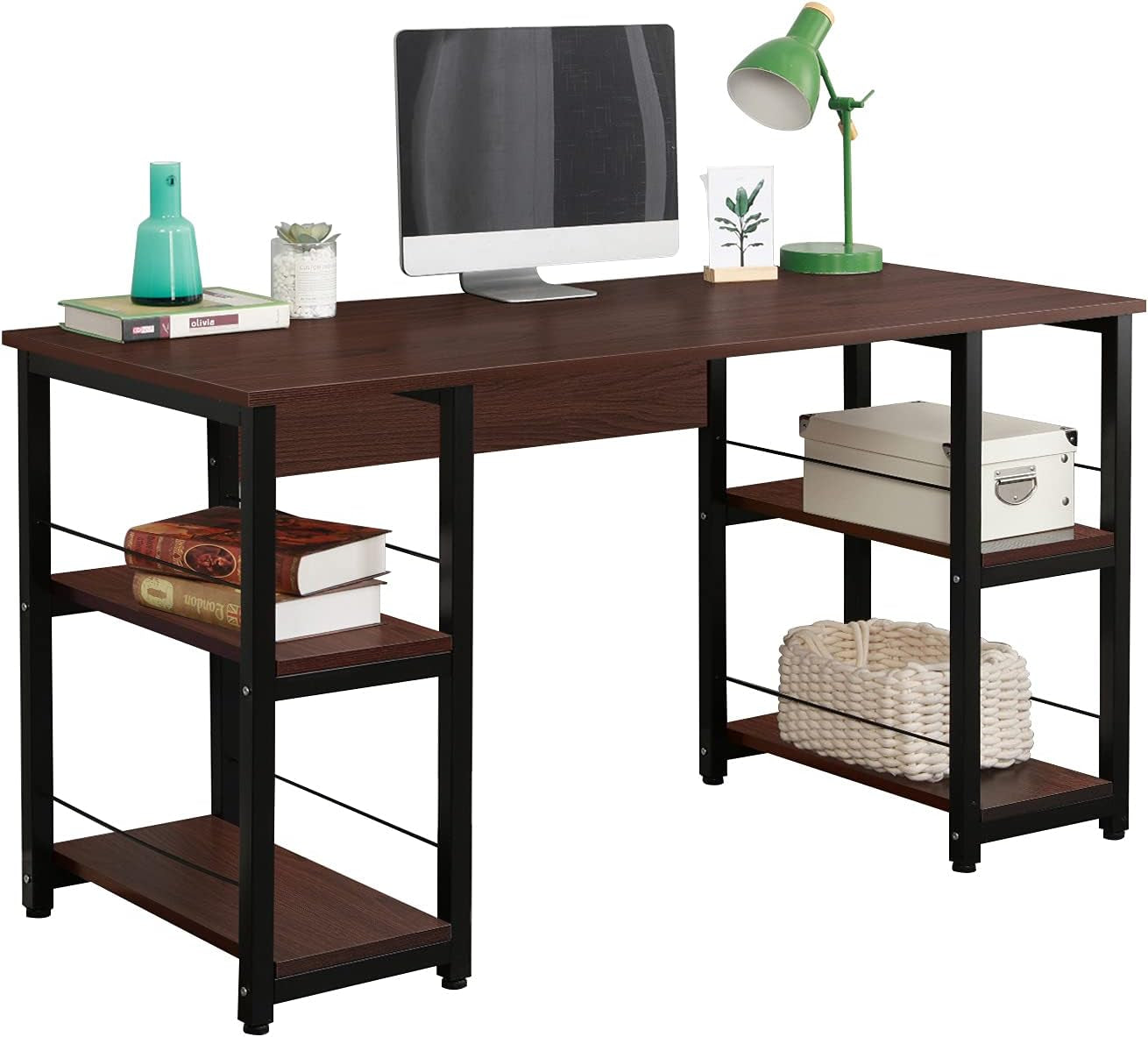 Home Office Desk 55 Inches Computer Desk, Storage Desk Morden Style with Open Shelves Worksation, Walnut DZ012-140-WA
