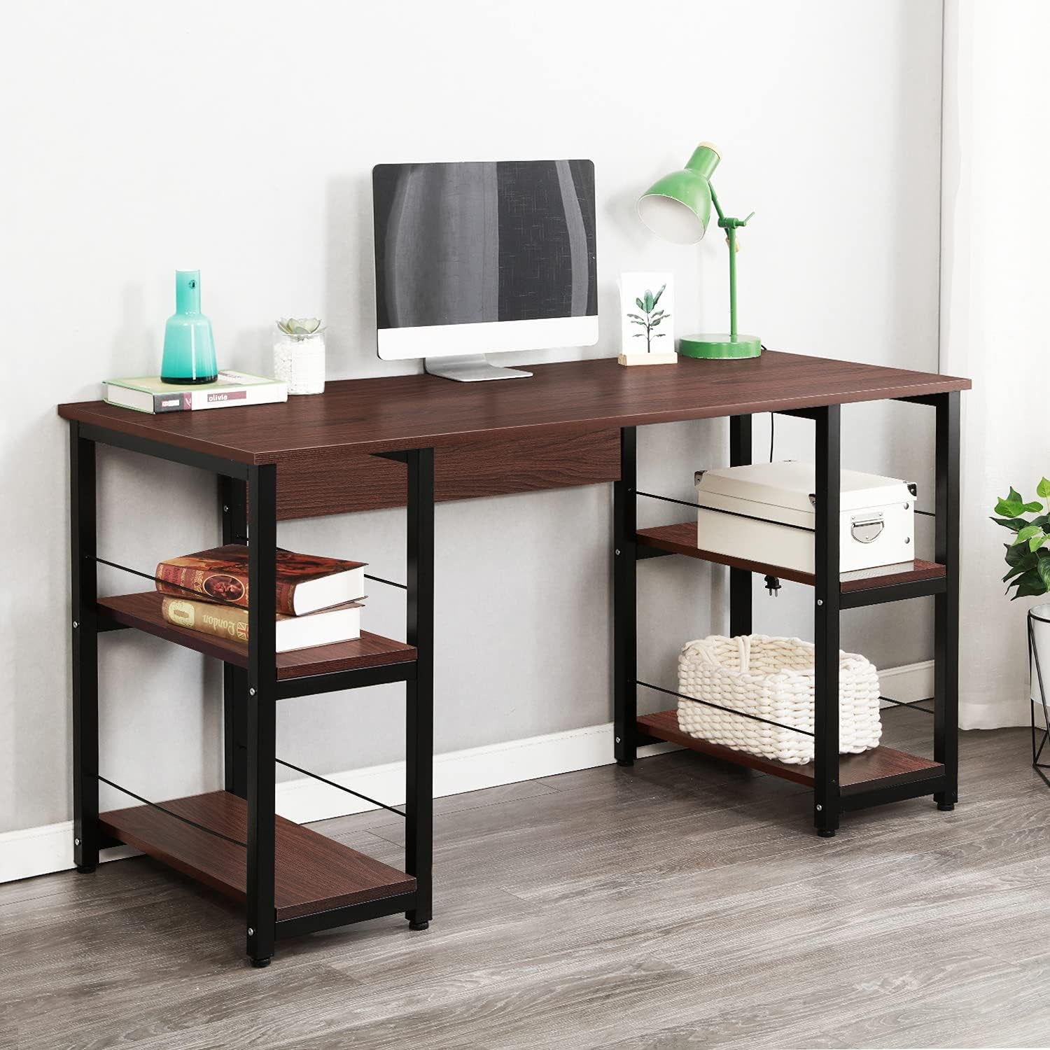 Home Office Desk 55 Inches Computer Desk, Storage Desk Morden Style with Open Shelves Worksation, Walnut DZ012-140-WA