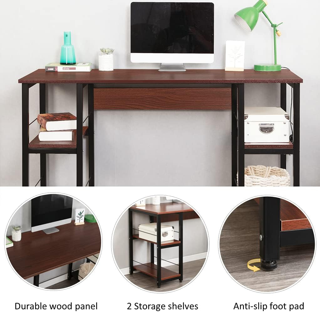 Home Office Desk 55 Inches Computer Desk, Storage Desk Morden Style with Open Shelves Worksation, Walnut DZ012-140-WA