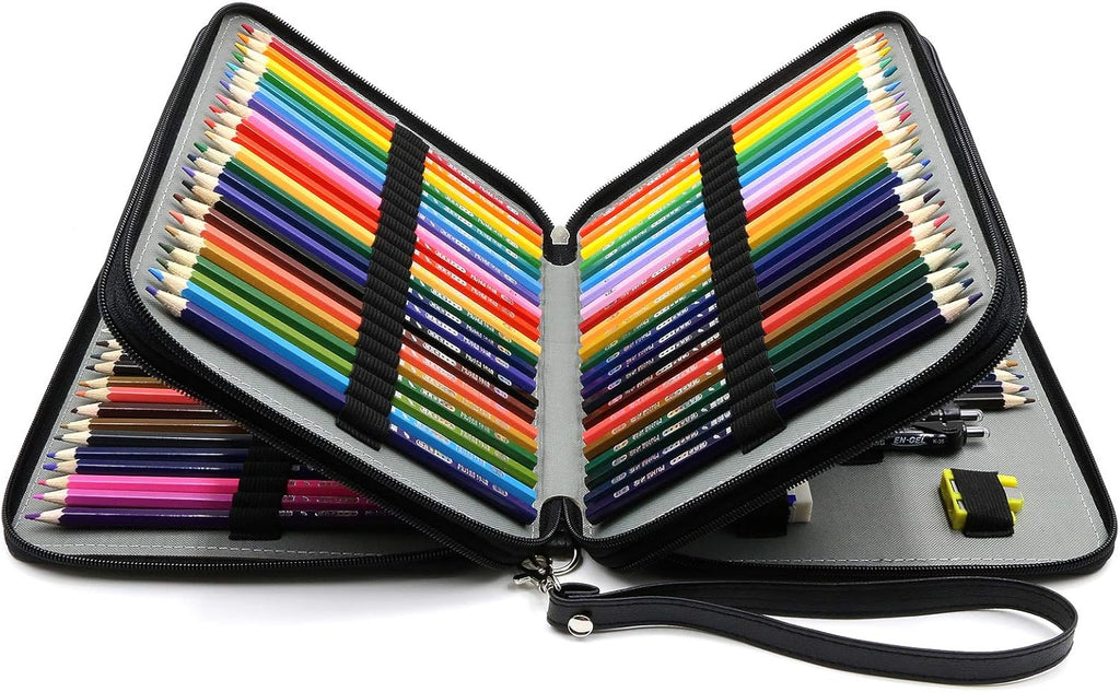 120 Slots Pencil Case - PU Leather Handy Multi-Layer Large Zipper Pen Bag with Handle Strap for Prismacolor Watercolor Pencils, Crayola Colored Pencils, Marco Pens and Makeup Brush (Black)