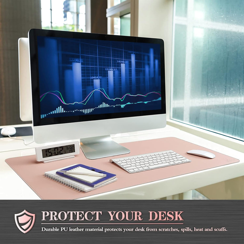 Desk Mat, Blotter, Dual-Sided Office Desk Pad, Waterproof Desk Mat for Desktop, Desk Blotters, PVC Leather Pad Protector (Pink, 31.5" X 15.7")