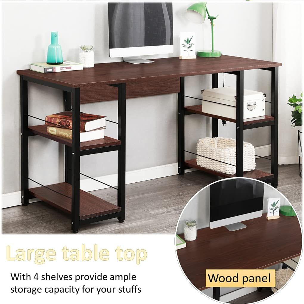 Home Office Desk 55 Inches Computer Desk, Storage Desk Morden Style with Open Shelves Worksation, Walnut DZ012-140-WA